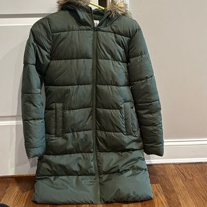 Xs knee length hooded coat olive green